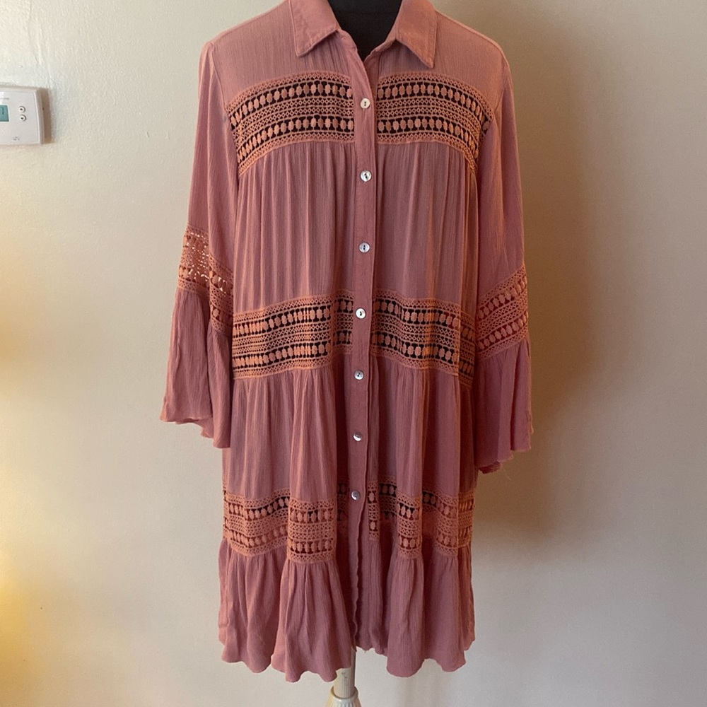 cloth & portrait Boho Dusty Rose Gauze Lace Tunic Shacket Sz L